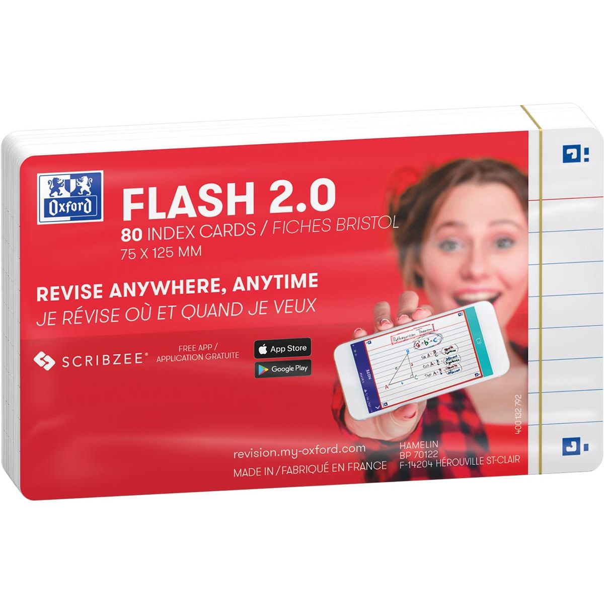 Oxford - Flash 2.0 flashcard terkit, gelijnd, A7, wit, pak van 80 vel