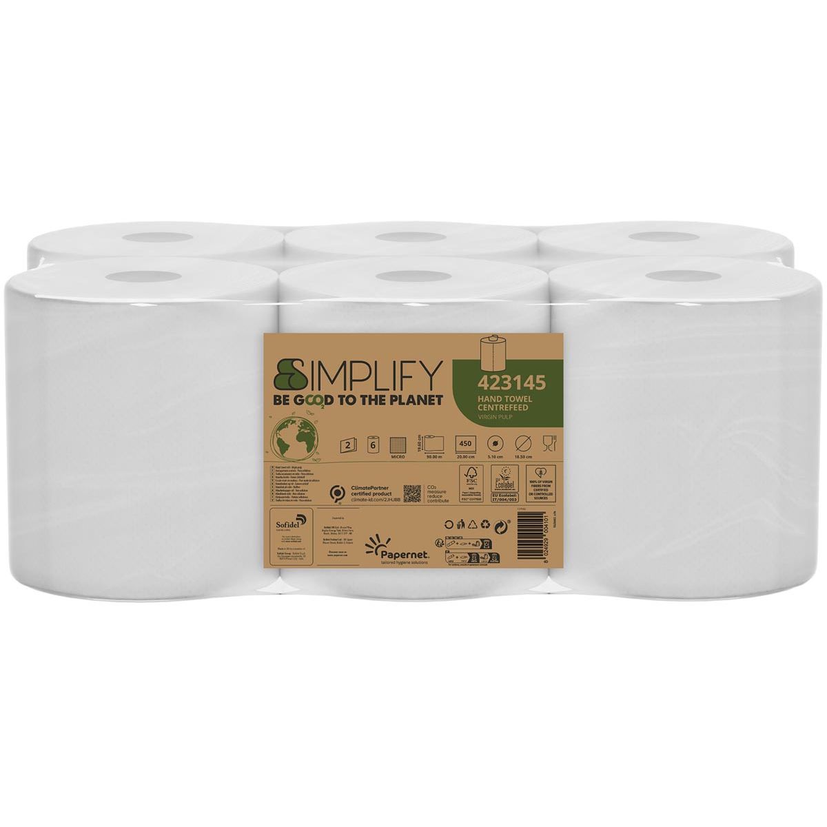 Papernet - papieren handdoeken Simplify Centerfeed, 2-laags, 90 m, 450 vel, pak van 6 rollen
