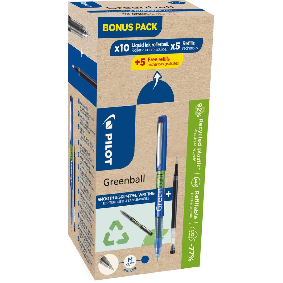 Pilot - Roller Greenball, pointe moyenne, 10 rollers + 10 recharges, moyen, bleu