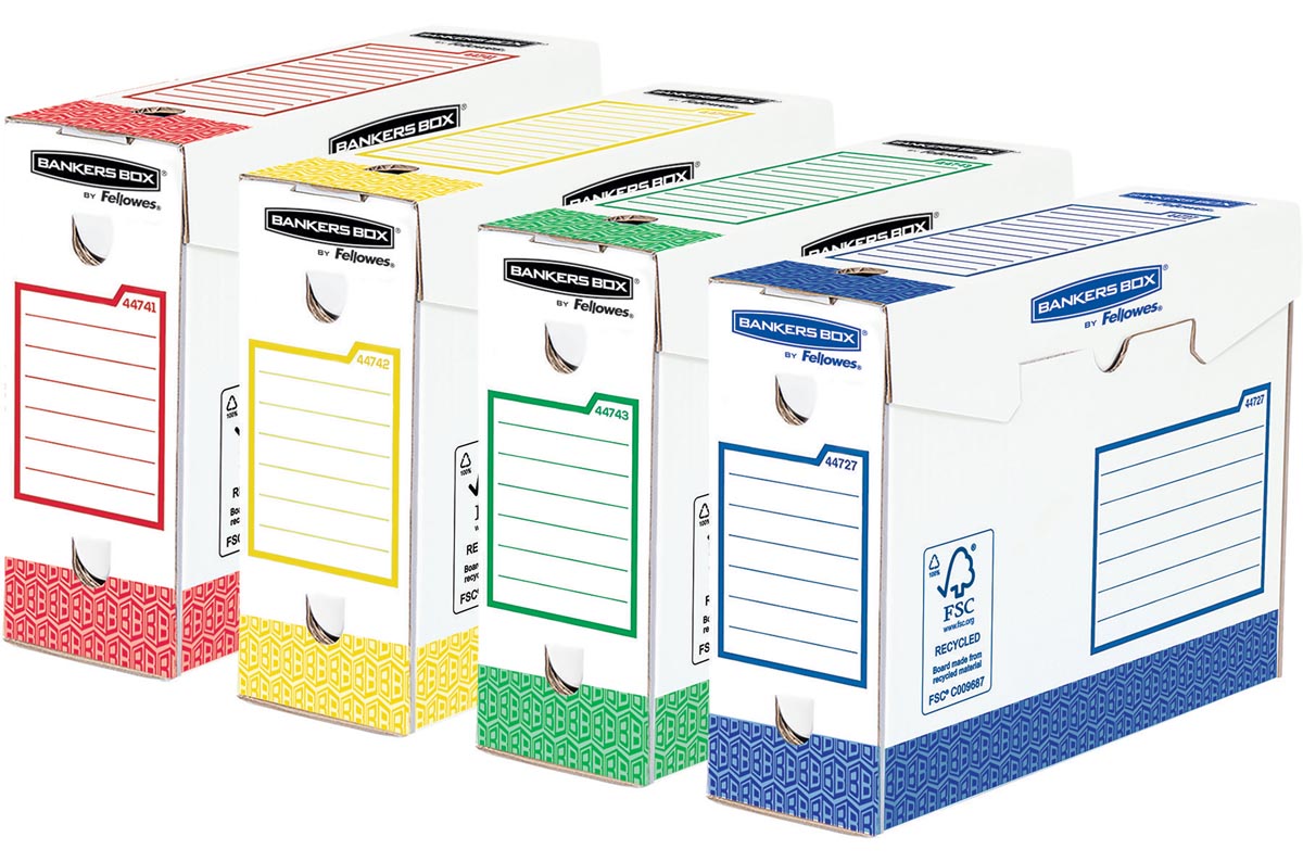 Bankers Box - boîte d'archives de base robuste, pi 9,5 x 24,5 x 33 cm, couleurs assorties, paquet de 8