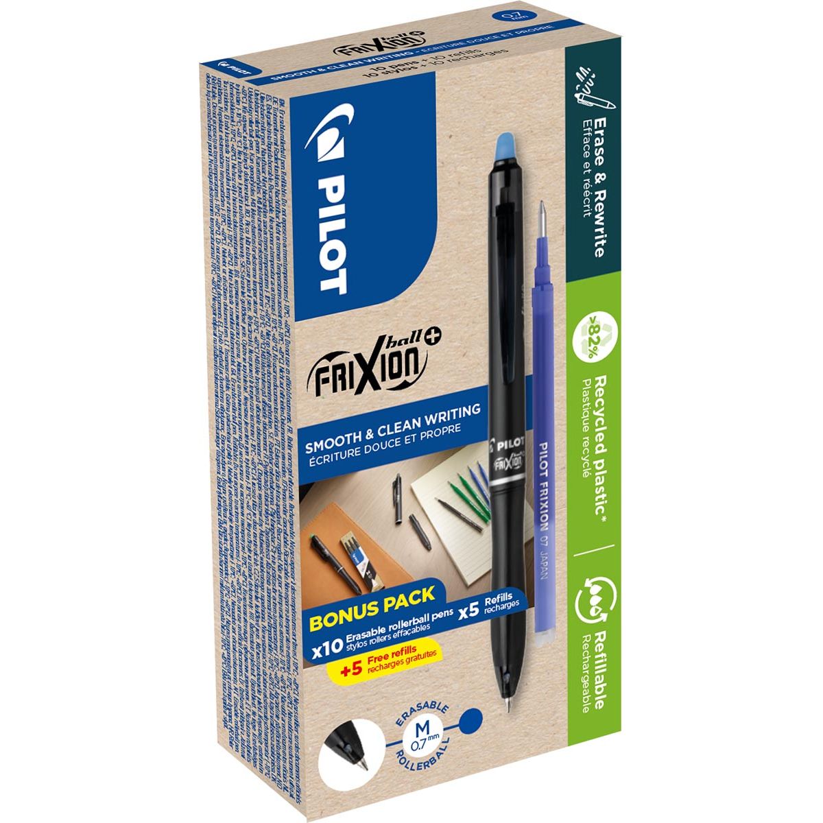 Pilot - Roller FriXion Ball Plus, moyen, bleu, boîte de 10 pièces + 10 recharges