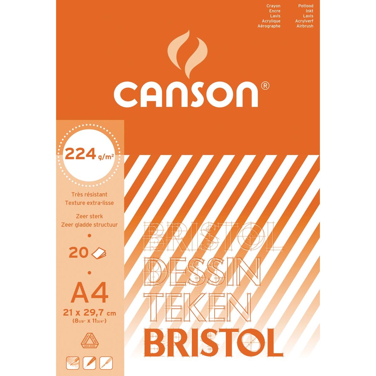 Canson - Zeichenpapier Bristol, 224 g, ft 21 x 29,7 cm, A4, Block mit 20 Blatt
