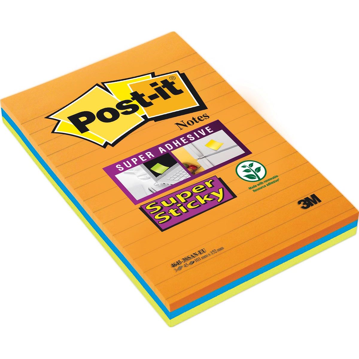 Post-it Super Sticky - Notes, 45 feuilles, pi 102 x 152 mm, couleurs assorties, paquet de 3