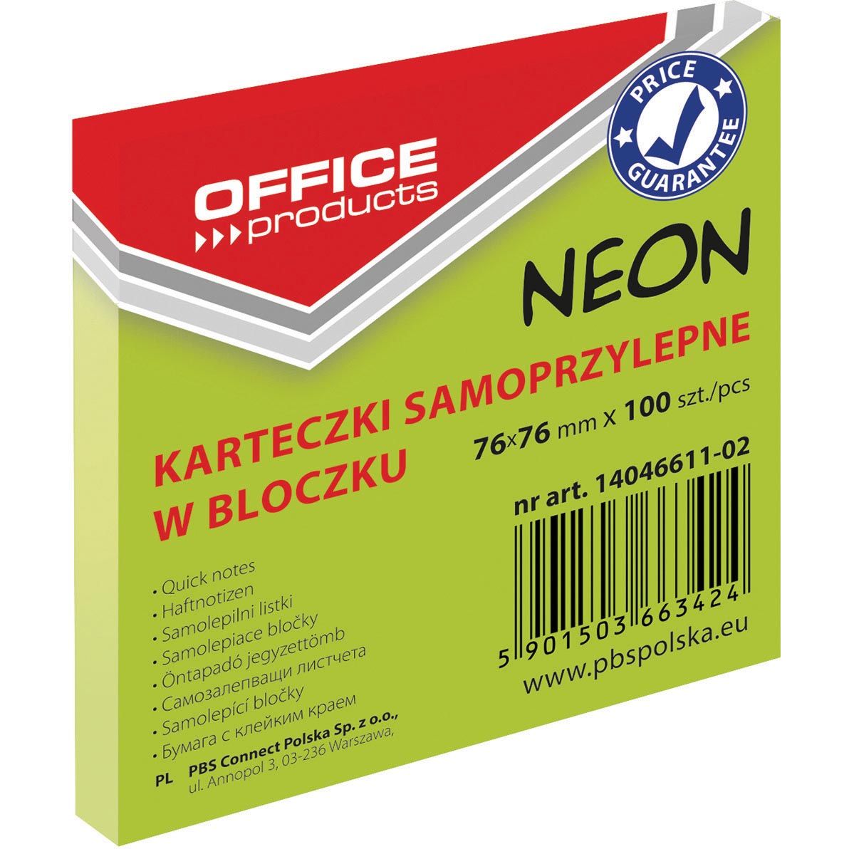 OFFICE products - memoblok Neon, 76 x 76 mm, 100 vel, neongroen