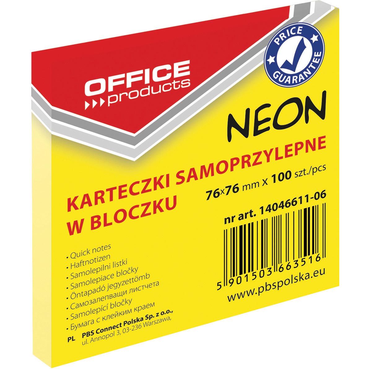 OFFICE products - memoblok Neon, 76 x 76 mm, 100 vel, neongeel