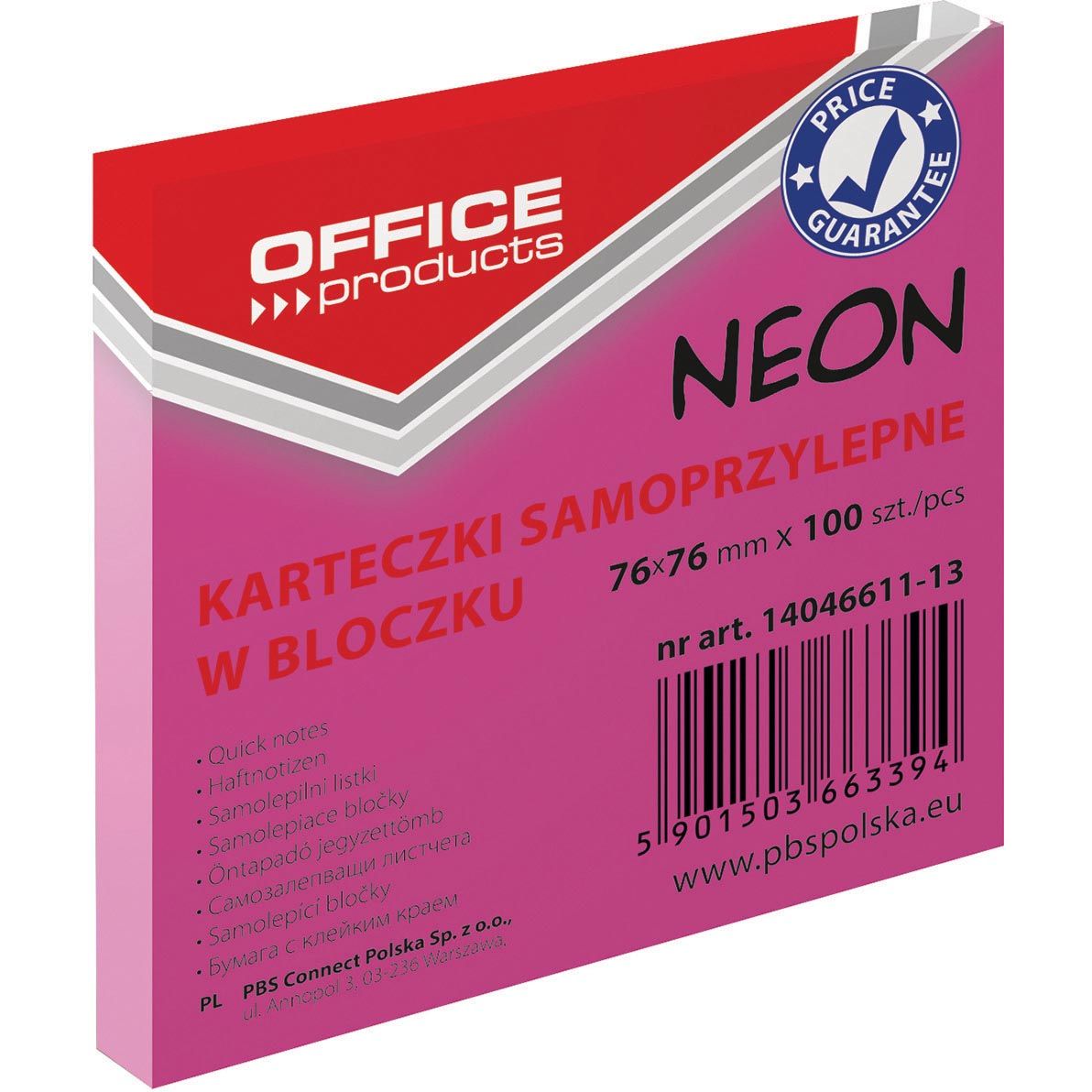OFFICE products - memoblok Neon, 76 x 76 mm, 100 vel, neonroze