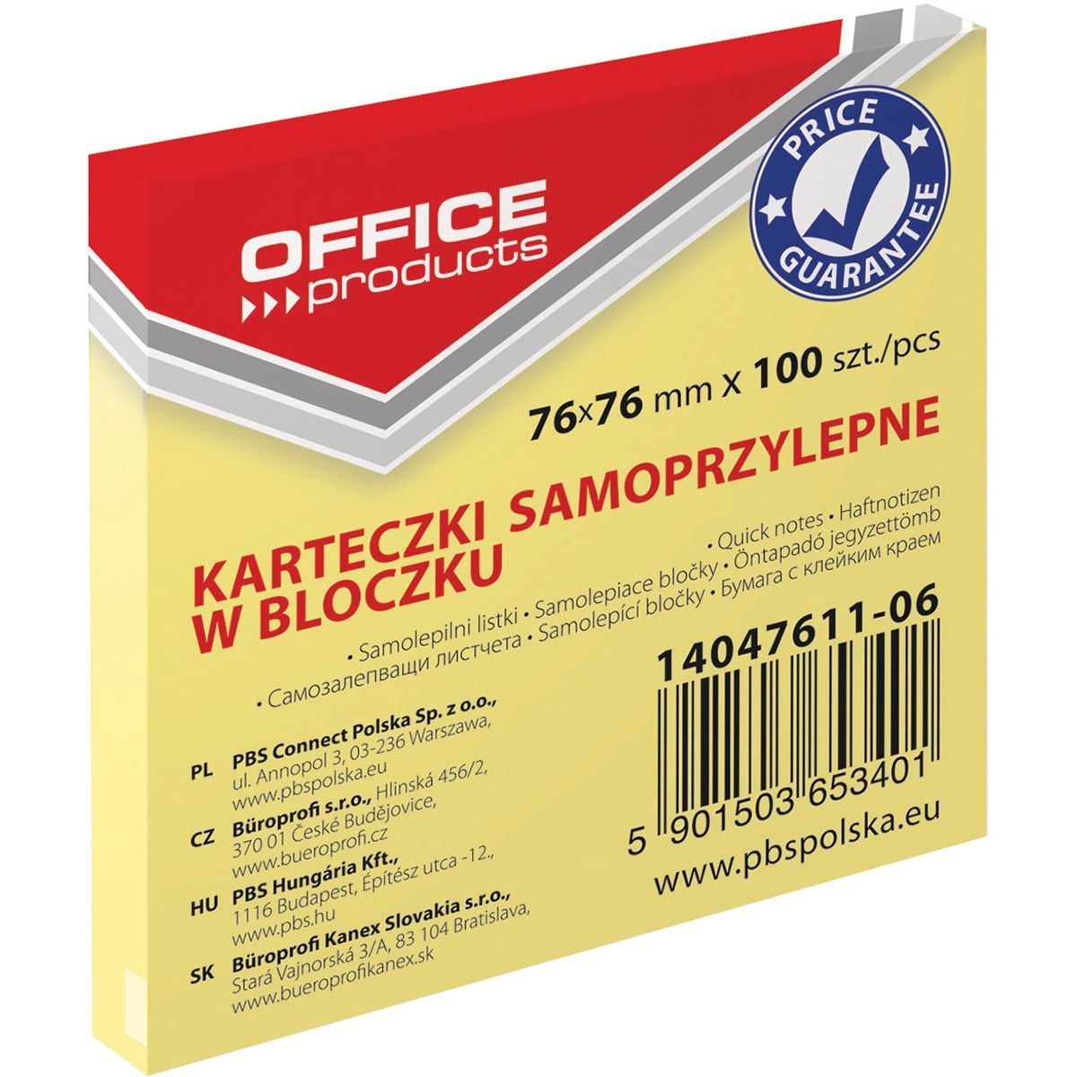 OFFICE products - memoblok, 76 x 76 mm, 100 vel, geel