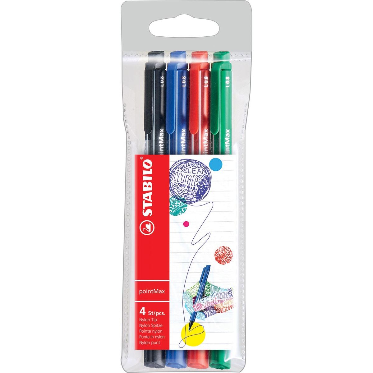STABILO - pointMax schrijfstift, 0,8 mm, etui van 4 stuks in geassorteerde standaard kleuren