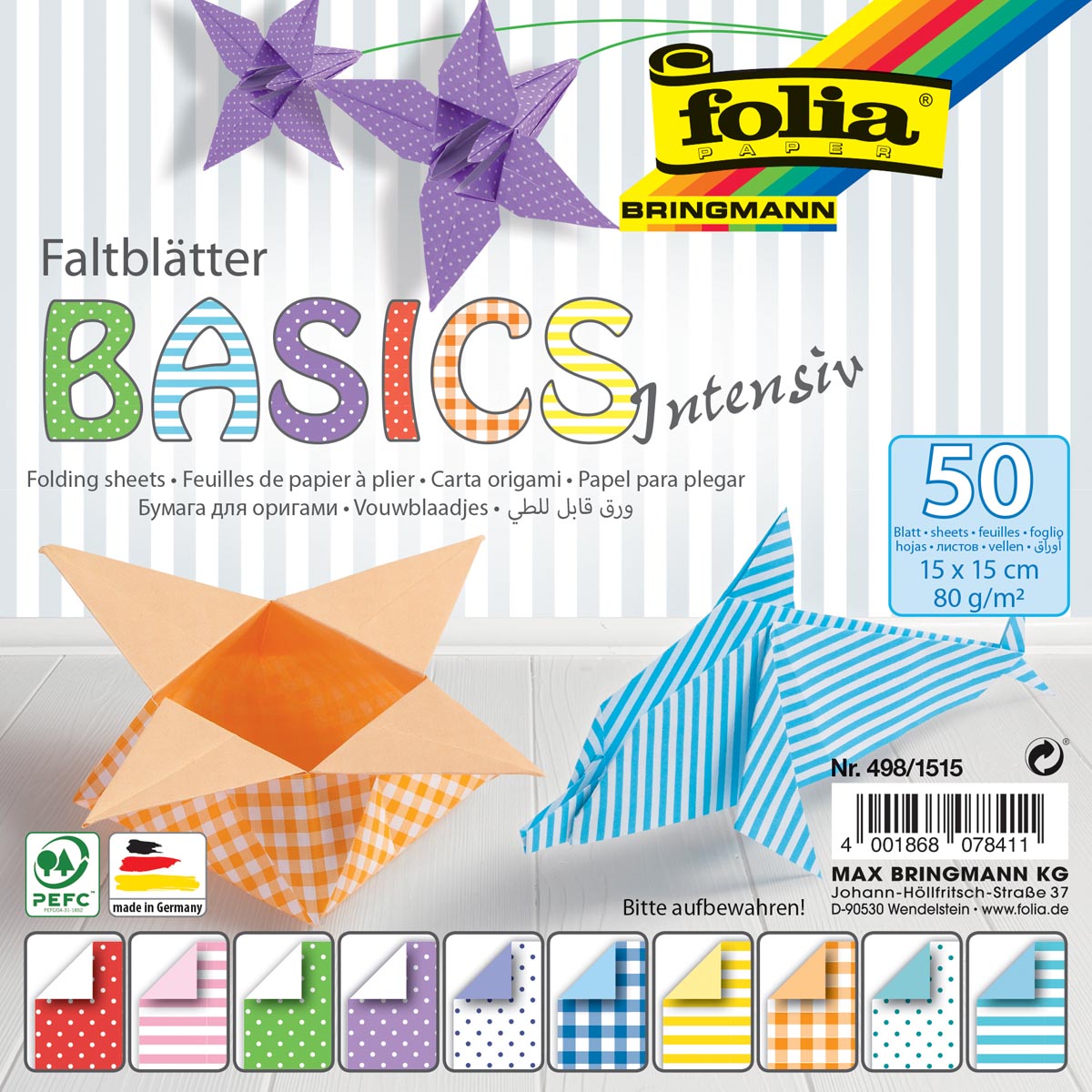 Folia - Faltpapier Basic Intensive ft 15 x 15 cm, Packung mit 50 Blatt