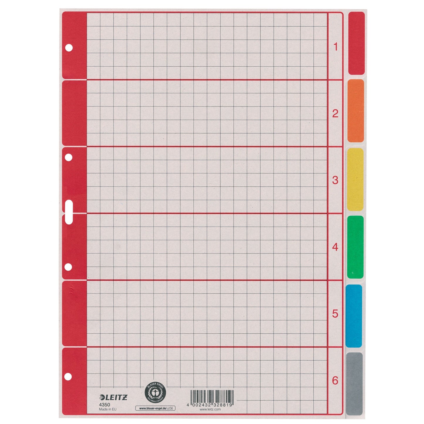 Leitz - Onglets 4 trous 4350 6 pièces carton gris