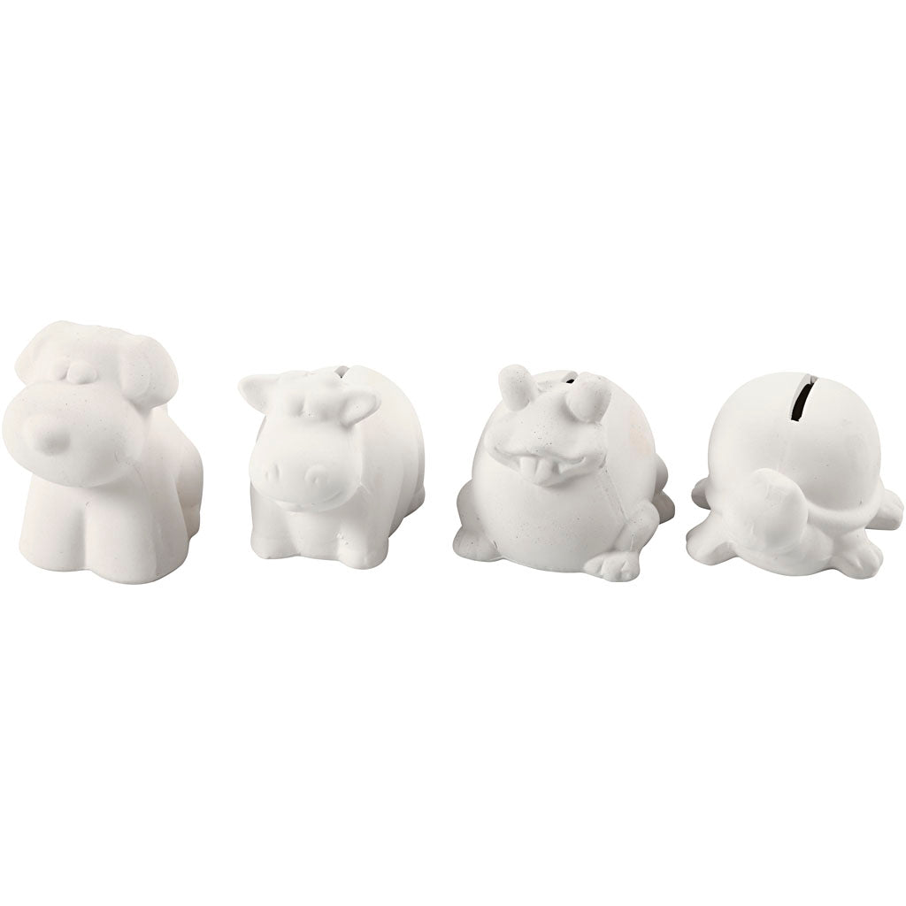 Creotime - Tirelire animaux Creativ Company terre cuite 4 pièces hibou, renard, lièvre et hérisson 9-10cm blanc