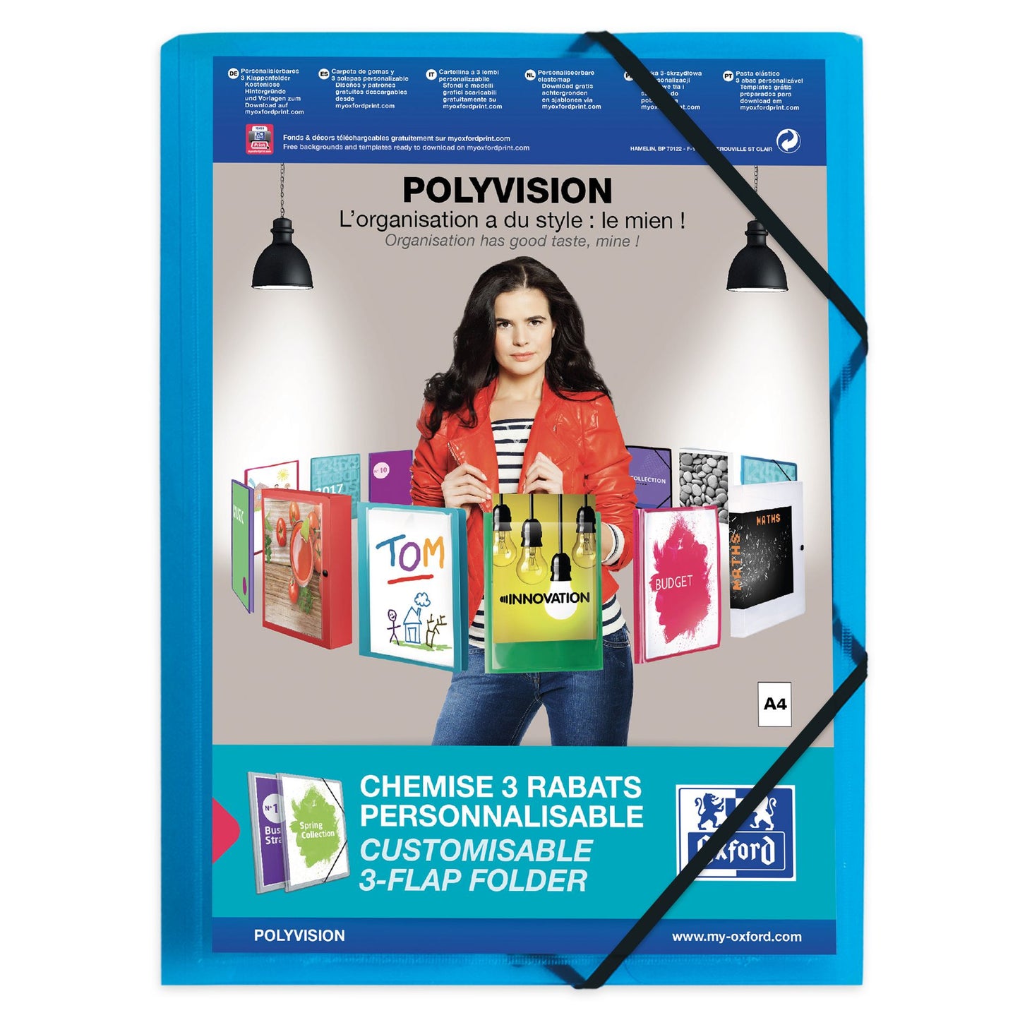 Oxford - Dossier Elasto Polyvision A4 avec pochette 3 rabats PP bleu | 12 pièces
