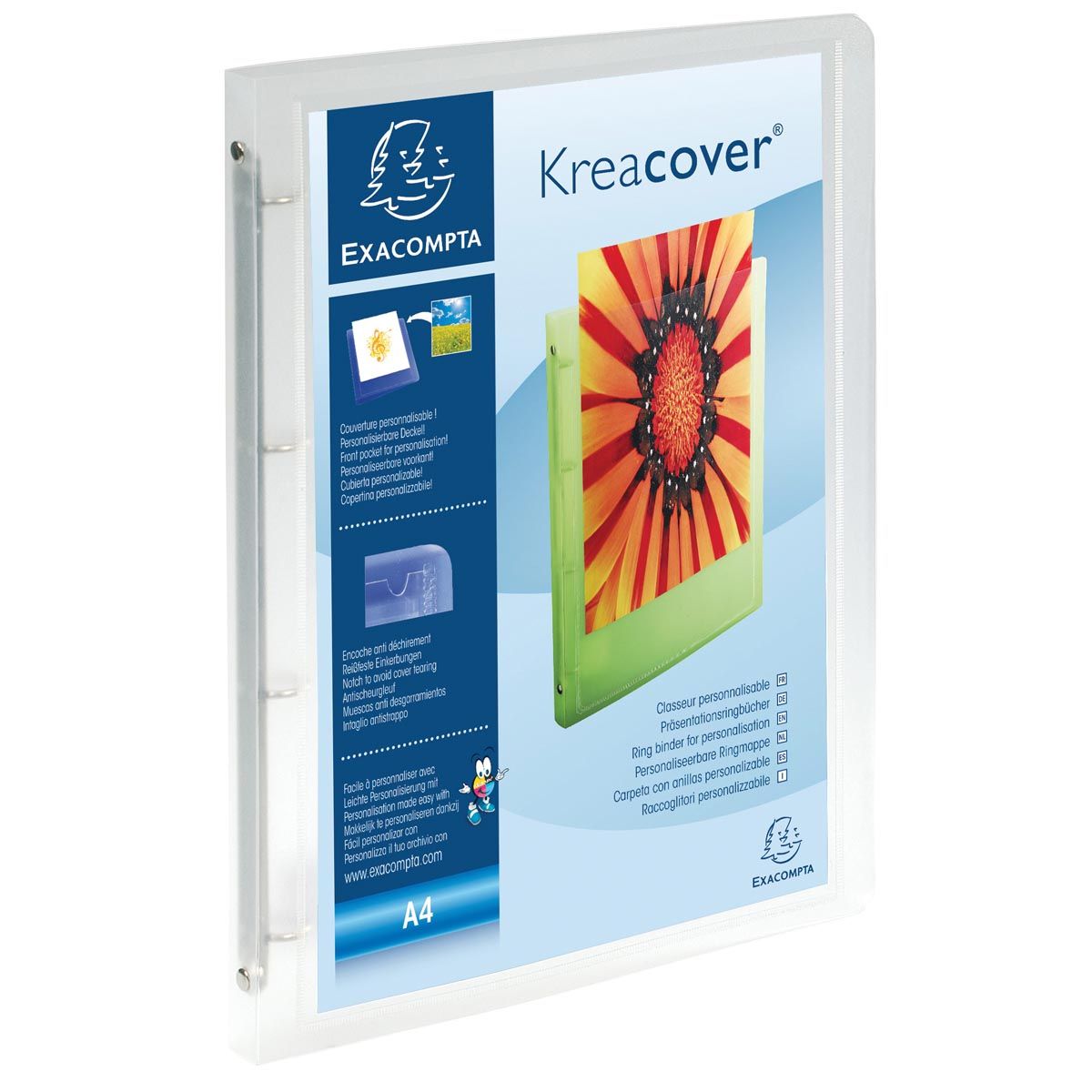 Exacompta - Classeur personnalisable Kreacover 4 anneaux, blanc transparent