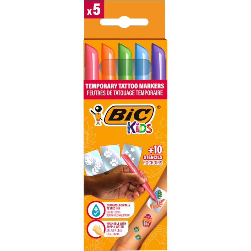 Bic Kids - Kids tattoo marker set, assorti, set van 5 pennen en 10 stencils