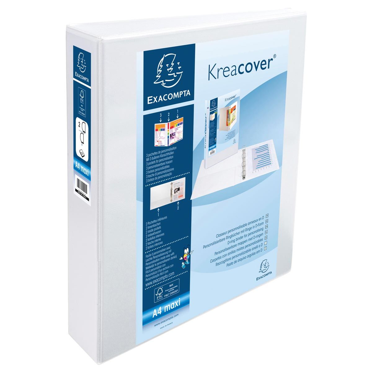 Exacompta - Classeur à anneaux personnalisable Kreacover blanc 2 anneaux de 40 mm
