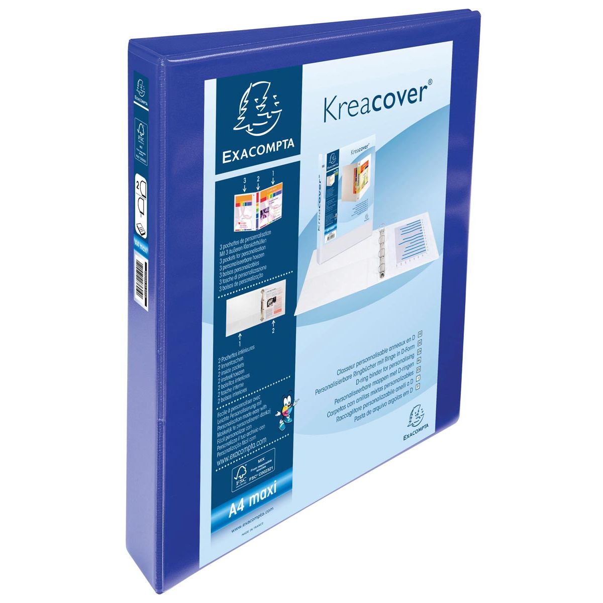 Exacompta - Classeur à anneaux personnalisable Kreacover bleu 2 anneaux de 25 mm