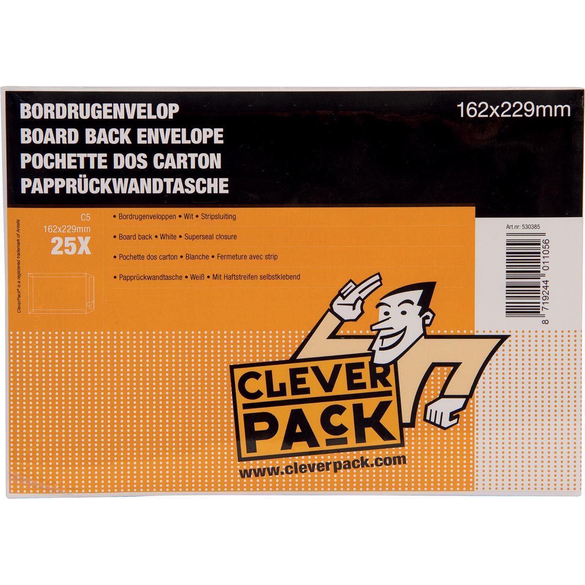 Cleverpack - bordrugenveloppen, ft 162 x 229 mm, met stripsluiting, wit, pak van 25 stuks