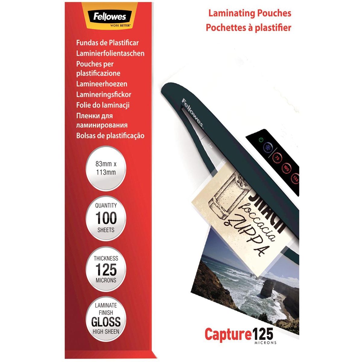 Fellowes - pochette de plastification Capture125 ft 83 x 113 mm, 250 microns (2 x 125 microns), paquet de 100