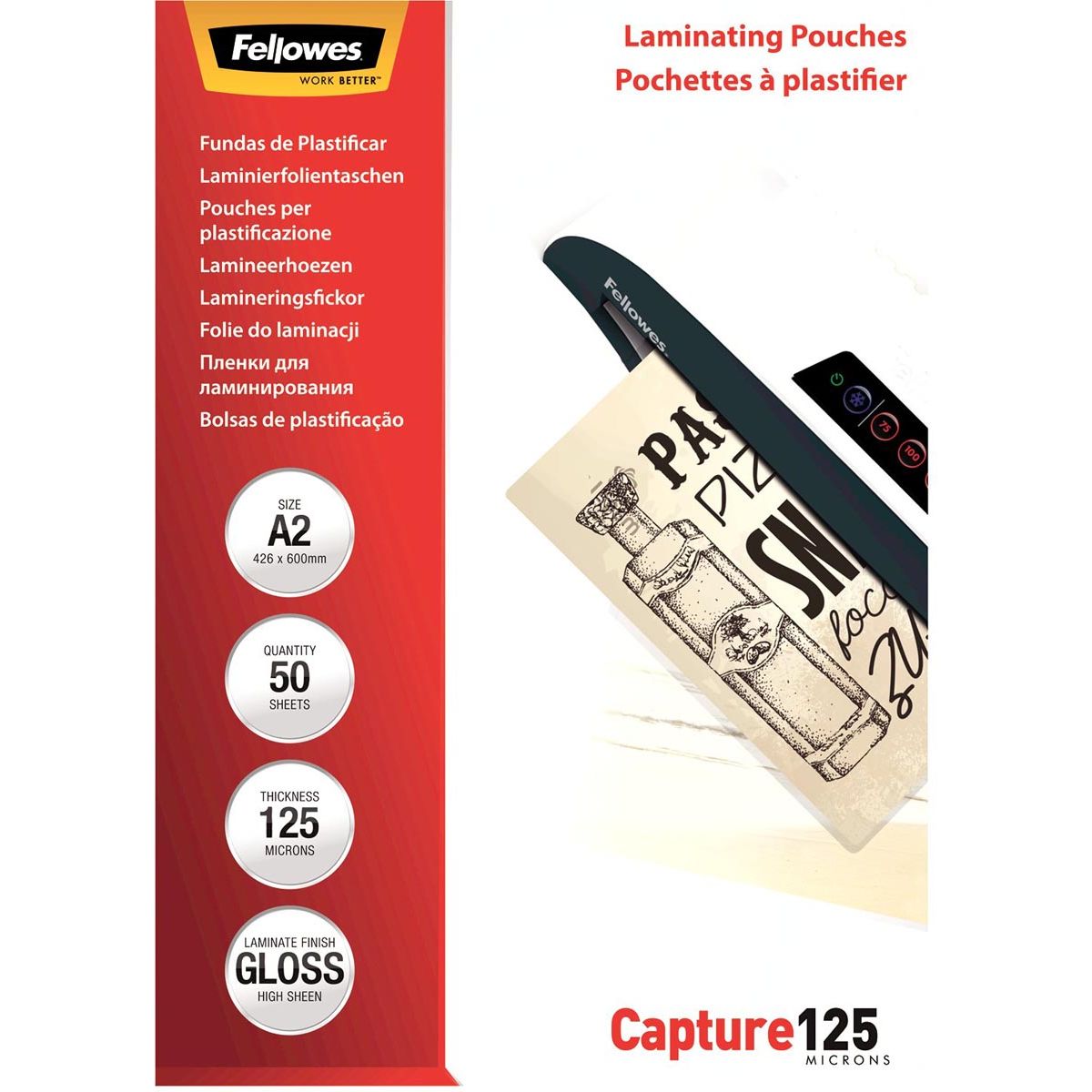 Fellowes - pochette de plastification Capture125 ft A2, 250 microns (2 x 125 microns), paquet de 50