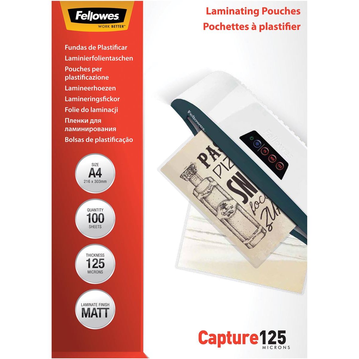 Fellowes - Laminierfolie Capture125 ft A4, 250 Mikron (2 x 125 Mikron), 100er-Packung, matt
