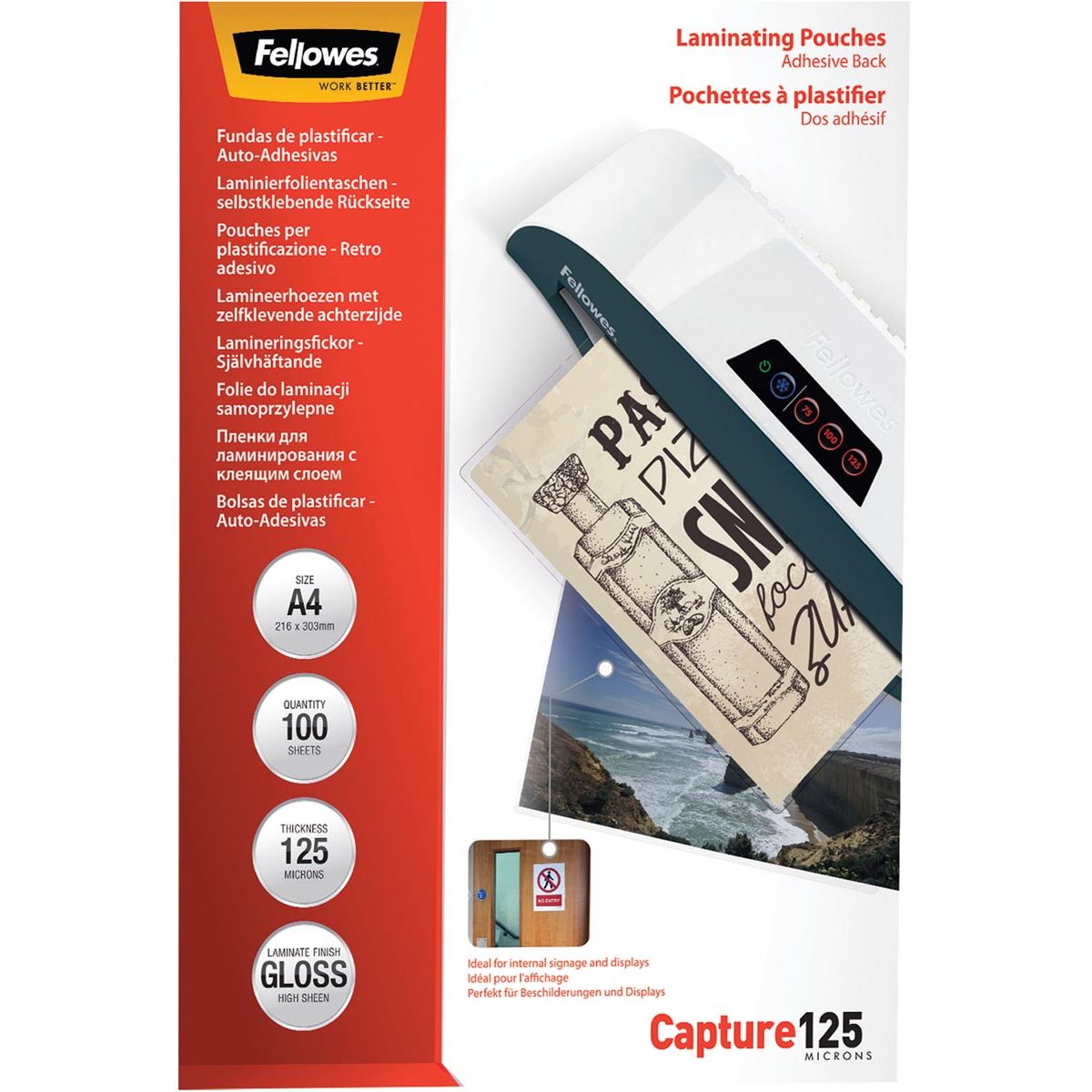 Fellowes - pochette de plastification Capture125 ft A4, 250 microns (2 x 125 microns), paquet de 100, autocollante