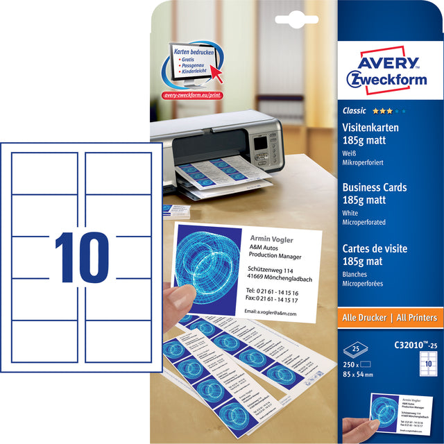 Avery Zweckform - Visitenkarte Zweckform C32010-25 85x54mm 185gr 250 Stück