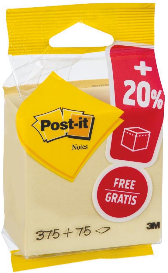 Post-it - Notes cube ft 76 x 76 mm, jaune, bloc de 450 feuilles, sous blister
