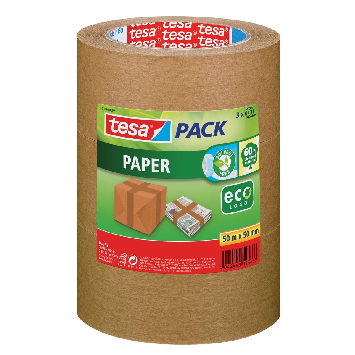 Tesa - pack paper ecoLogo, ft 50 mm x 50 m, bruin, pak van 3 stuks