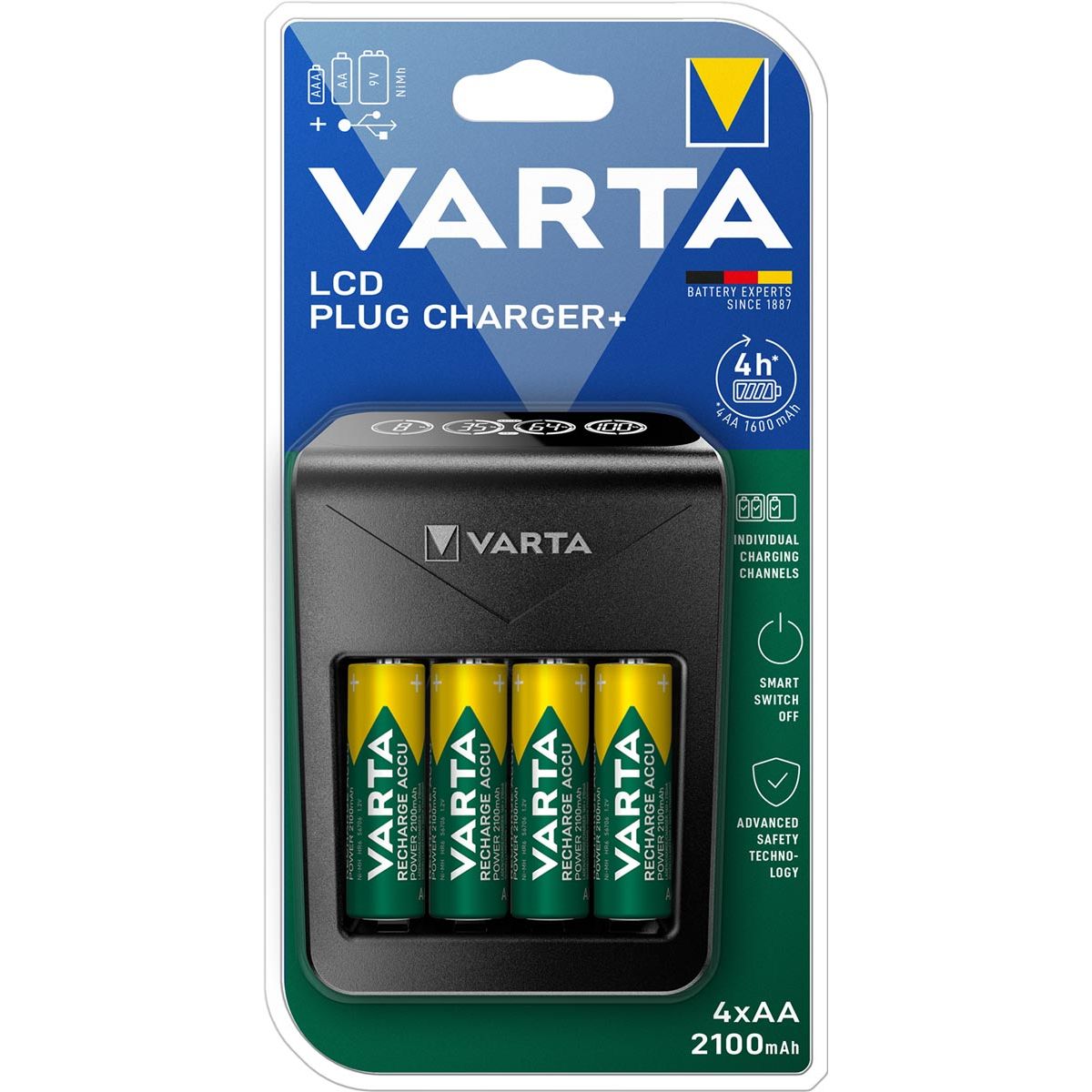 Varta - chargeur de batterie LCD Plug Charger+, avec 4 piles AA, sous blister