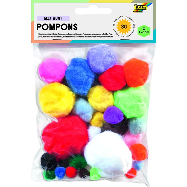 Folia - Pompon 30 pièces, différentes couleurs et tailles, 30 pièces