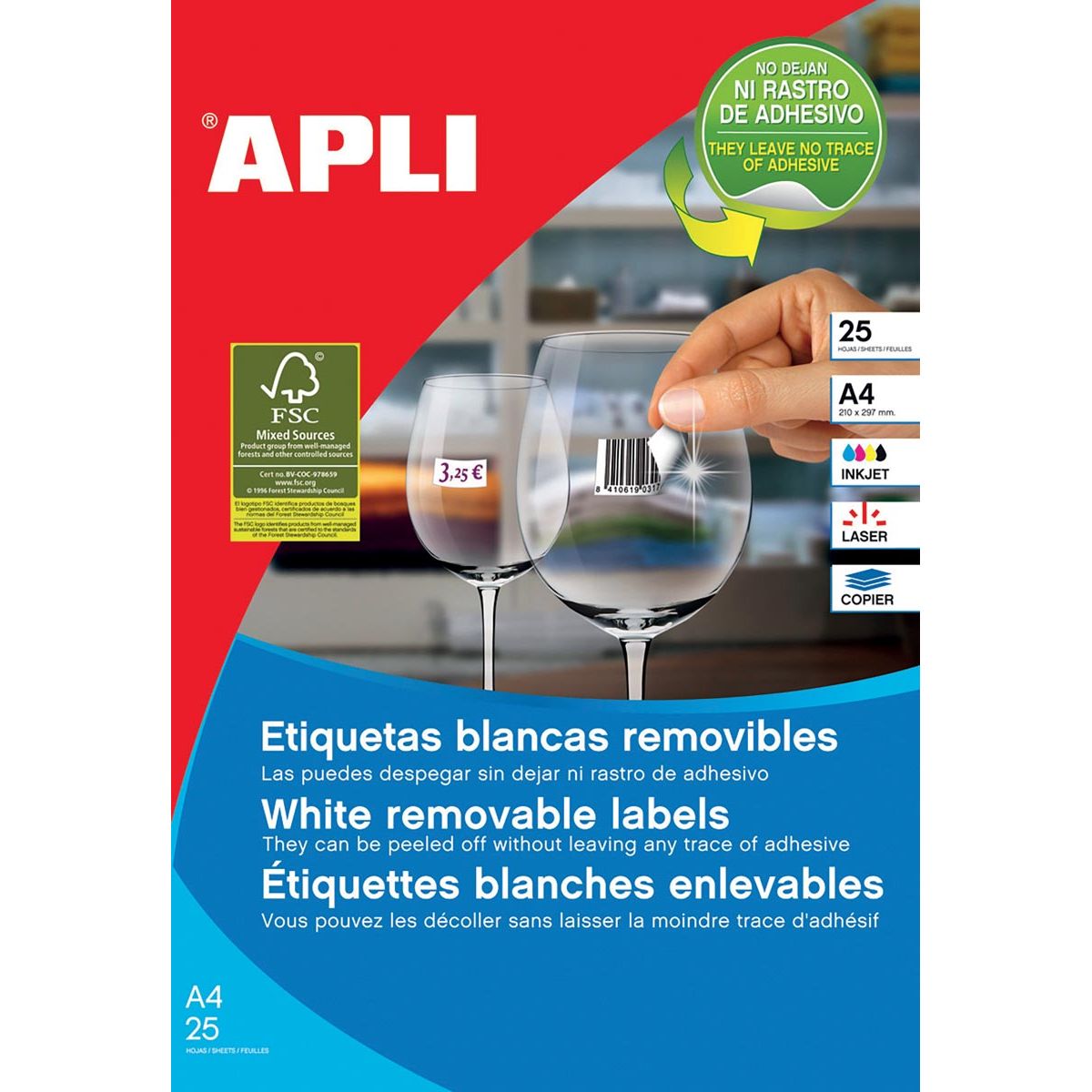 Apli - étiquettes blanches amovibles pi 35,6 x 16,9 mm (l x h), 2 000 pièces, 80 par feuille, carton de 25 feuilles