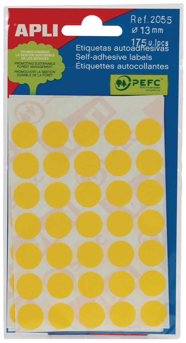 Apli - ronde etiketten in etui diameter 13 mm, geel, 175 stuks, 35 per blad (2055)