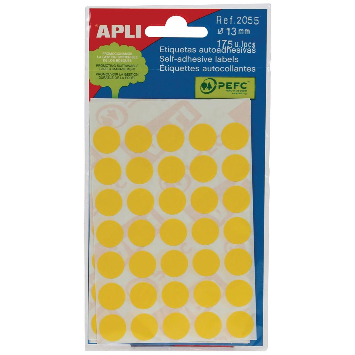 Apli - étiquettes rondes en étui diamètre 13 mm, jaune, 175 pièces, 35 par feuille (2055)