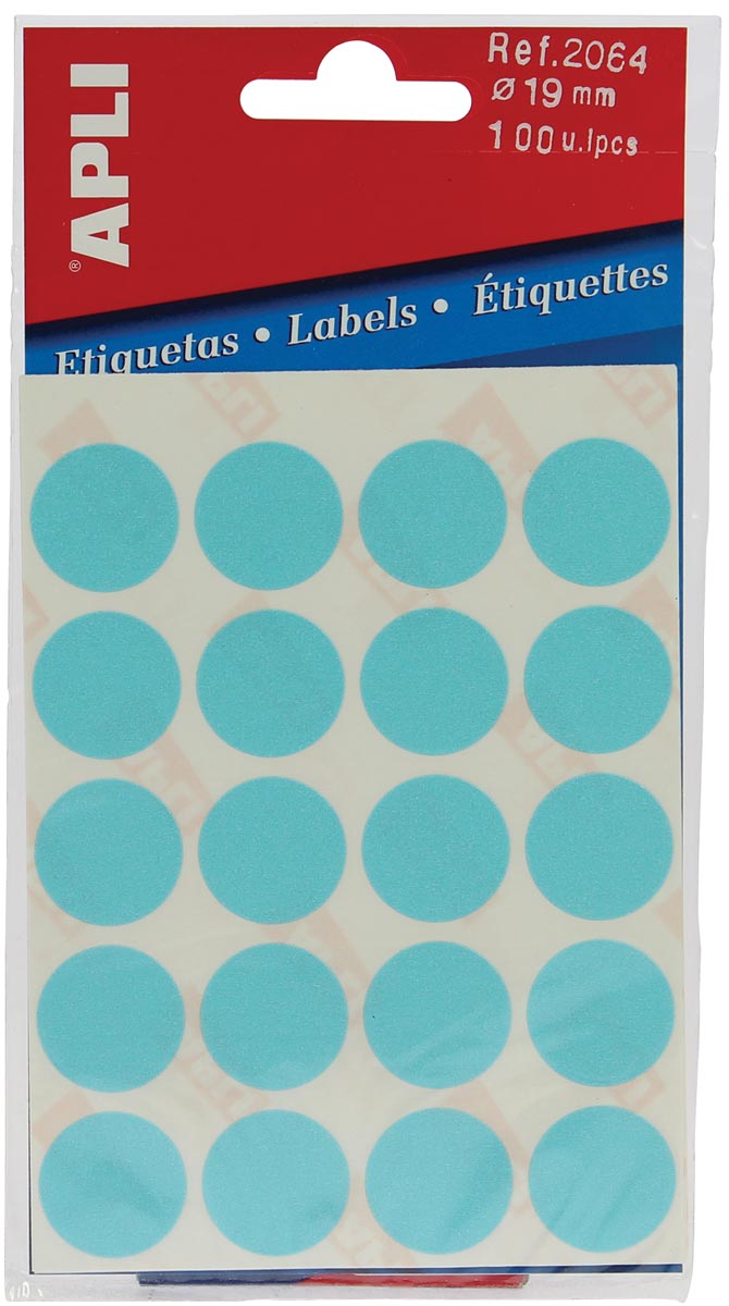 Apli - runde Etiketten im Etui Durchmesser 19 mm, blau, 100 Stück, 20 pro Blatt (2064)
