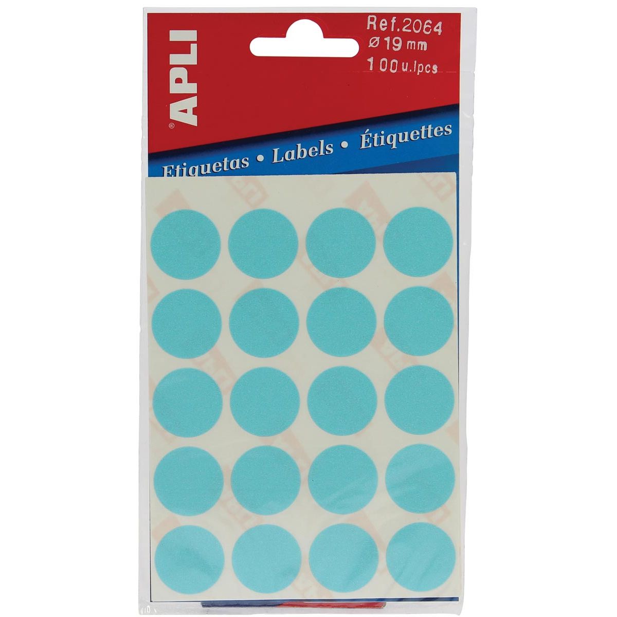 Apli - ronde etiketten in etui diameter 19 mm, blauw, 100 stuks, 20 per blad (2064)