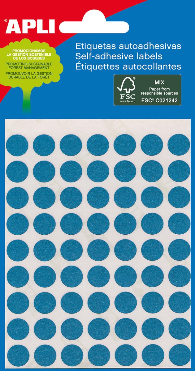 Apli - étiquettes rondes en coffret diamètre 8 mm, bleues, 288 pièces, 96 par feuille (2045)
