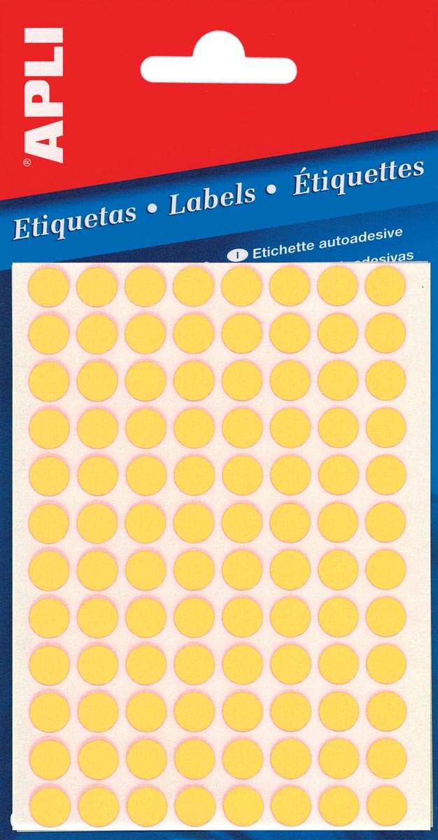 Apli - étiquettes rondes en étui, diamètre 8 mm, jaune fluo, 288 pièces, 96 par feuille (2079)