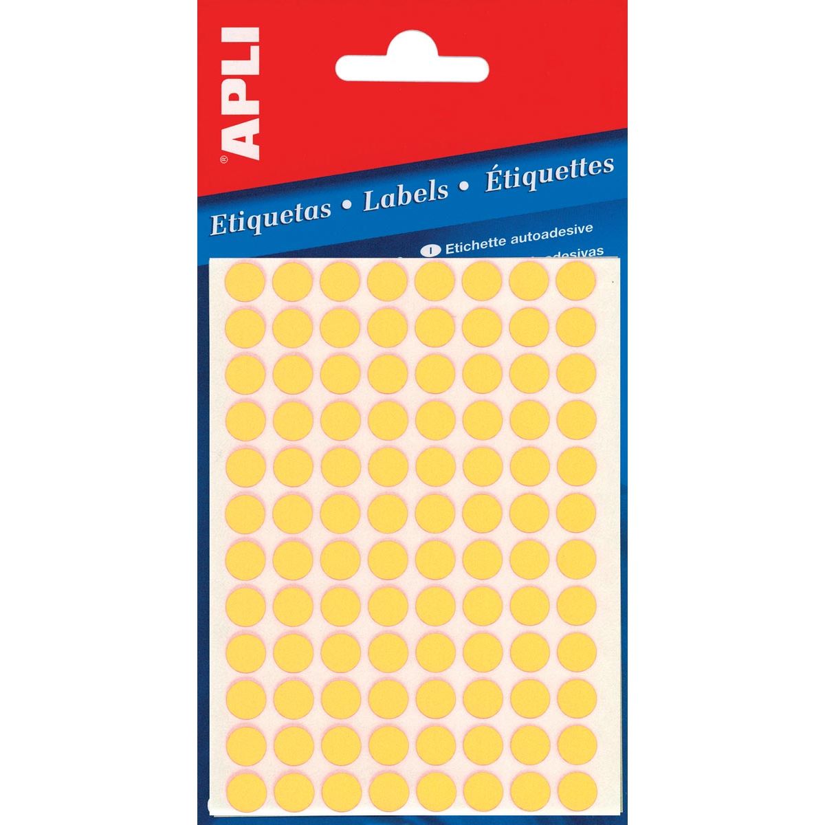 Apli - étiquettes rondes en étui, diamètre 8 mm, jaune fluo, 288 pièces, 96 par feuille (2079)