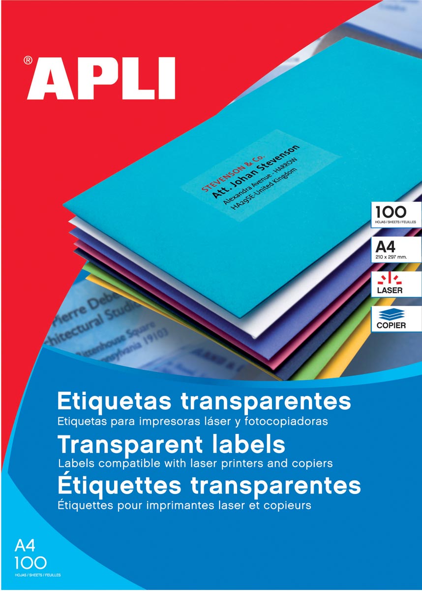 Apli – Transparente Etiketten ft 210 x 297 mm (B x H), 20 Stück, 1 pro Blatt, Karton mit 20 Blatt