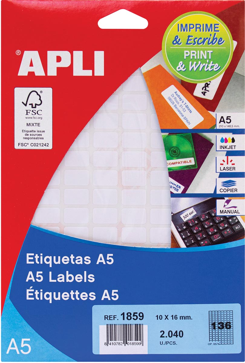 Apli - witte etiketten Print Write ft 10 x 16 mm (b x h), 2.040 stuks, 136 per blad (1859)