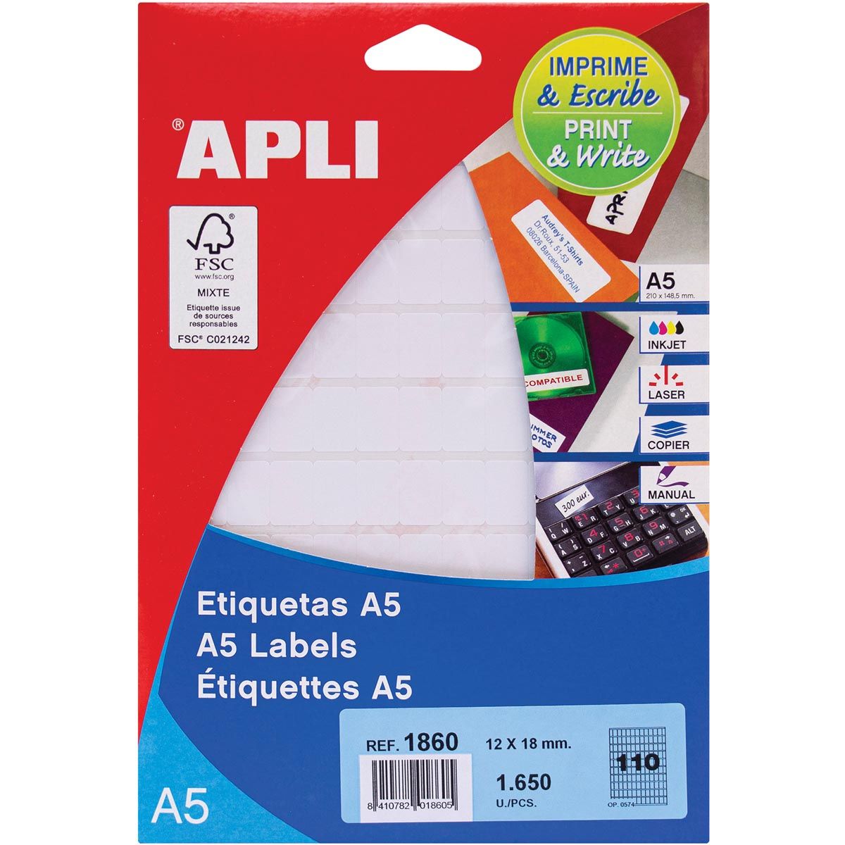 Apli - étiquettes blanches Print Write ft 12 x 18 mm (l x h), 1 650 pièces, 110 par feuille (1860)
