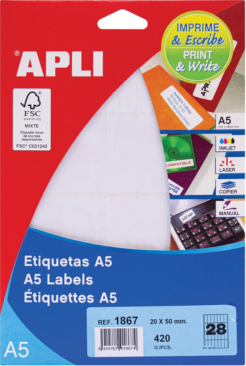 Apli - étiquettes blanches Print Write ft 20 x 50 mm (l x h), 420 pièces, 28 par feuille (1867)