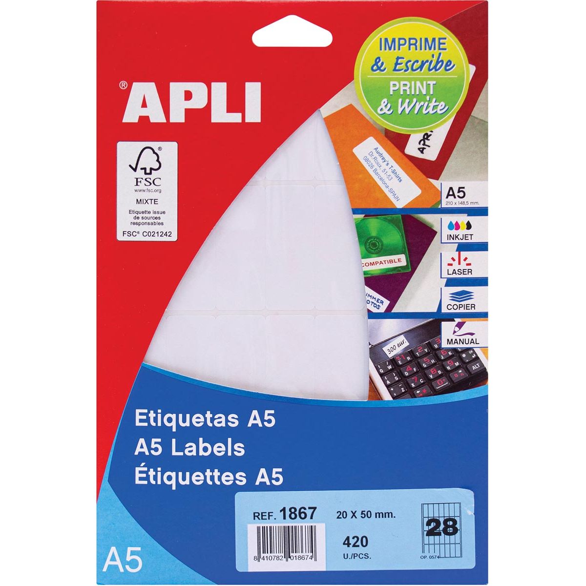 Apli - witte etiketten Print Write ft 20 x 50 mm (b x h), 420 stuks, 28 per blad (1867)