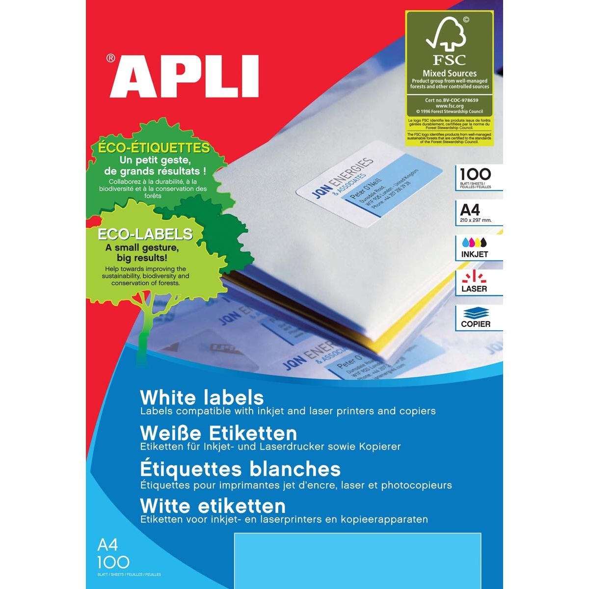 Apli - Étiquettes blanches pi 199,6 x 289,1 mm (l x h), 100 pièces, 1 par feuille (2412)