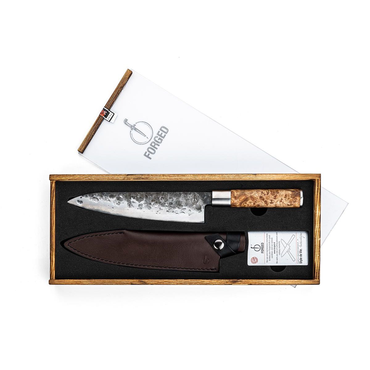 Forgé - Couteau de chef VG10, Ft 20,5 cm, avec housse de protection en cuir