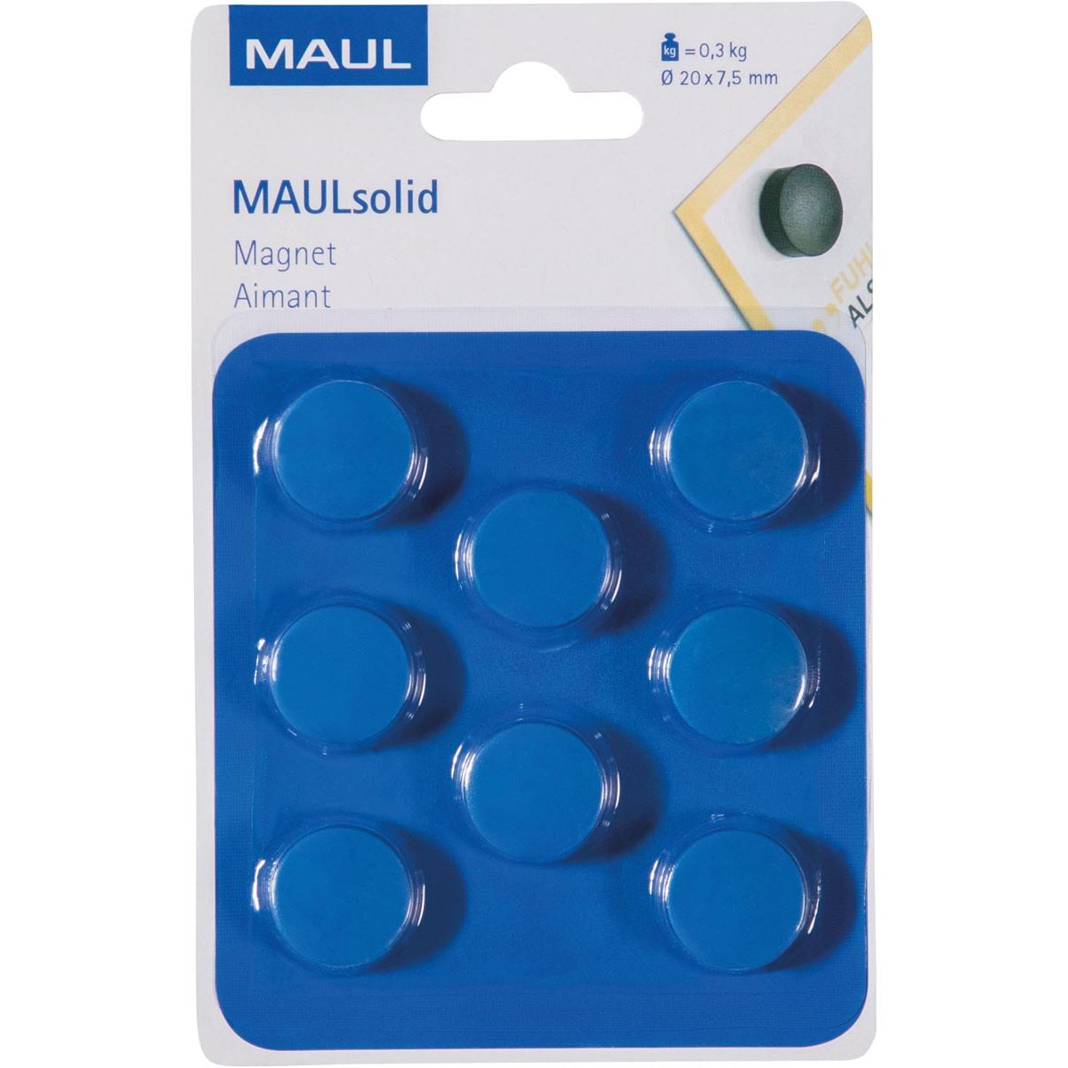 Maul - magneet Solid, 20 mm, trekkracht 300 gr, blister van 8 stuks, blauw