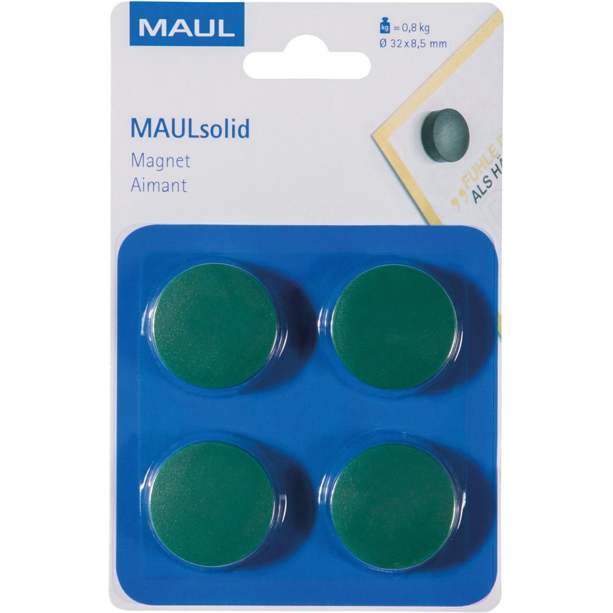 Maul - Magnet Solid, 32 mm, Zugkraft 800 gr, Blister mit 4 Stück, grün