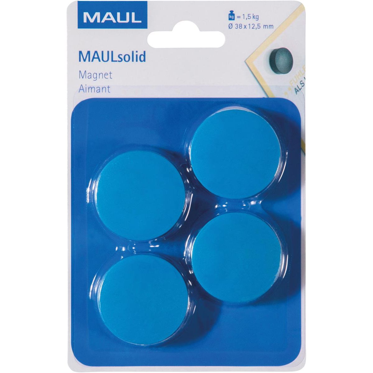 Maul - aimant Solid, 38 mm, force de traction 1,5 kg, blister de 4 pièces, bleu