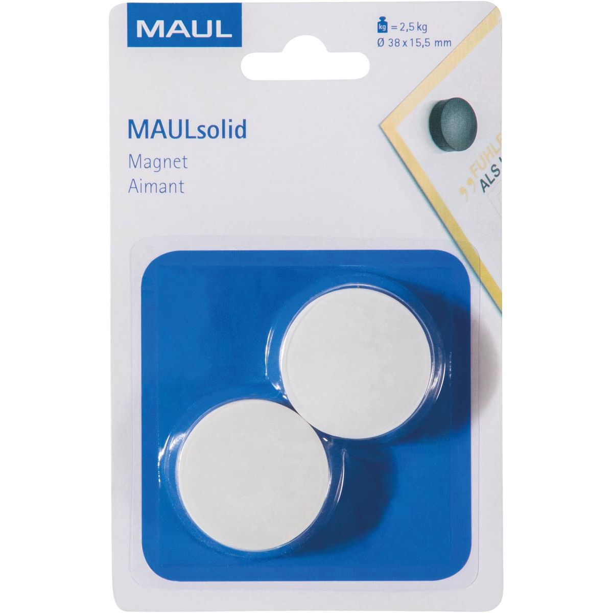 Maul - magneet Solid, 38 mm, trekkracht 2,5 kg, blister van 2 stuks, wit