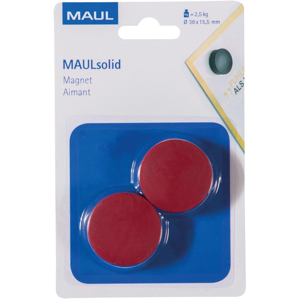 Maul - magneet Solid, 38 mm, trekkracht 2,5 kg, blister van 2 stuks, rood